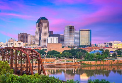 Purple and blue sunset over Shreveport, LA downtown from Red River